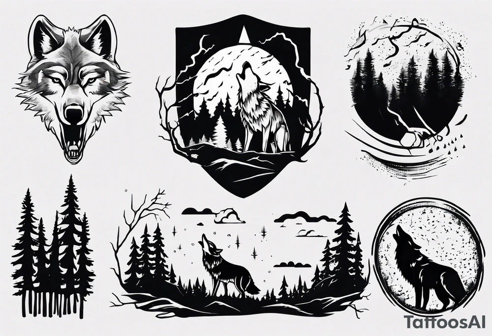 thunderstorm over a forest with a wolf howling on drums tattoo idea thunderstorm over a forest with a wolf howling on drums tattoo idea