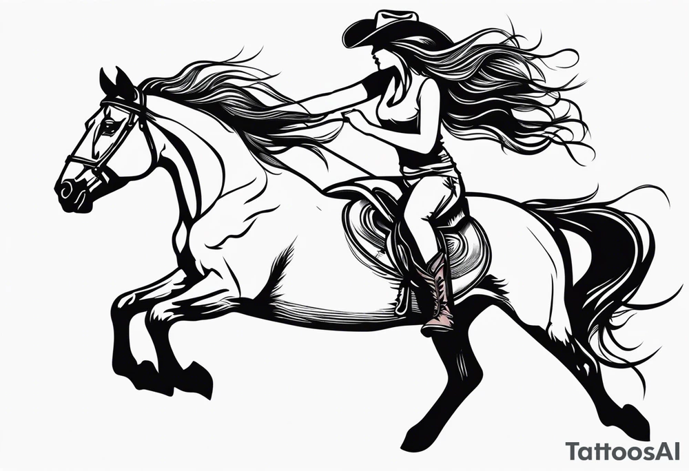 cowgirl with long hair on the back of stallion that is rearing up on hind legs tattoo idea