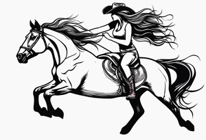 cowgirl with long hair on the back of stallion that is rearing up on hind legs tattoo idea