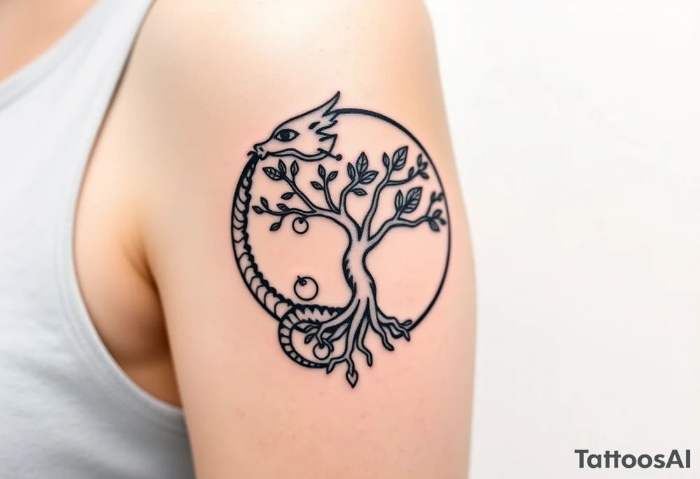 a dragon forming a circle with its body.  the dragon encircles the tree of life.   the tree of life has fruit  and the dragon is eating the fruit. the roots of the tree are strangling the tail of the dragon tattoo idea