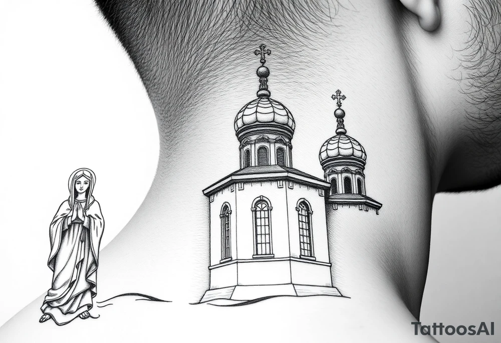 Russian orthodox church with bulb domes with a prominent russian orthodox style virgin mary stood outside to the left tattoo idea