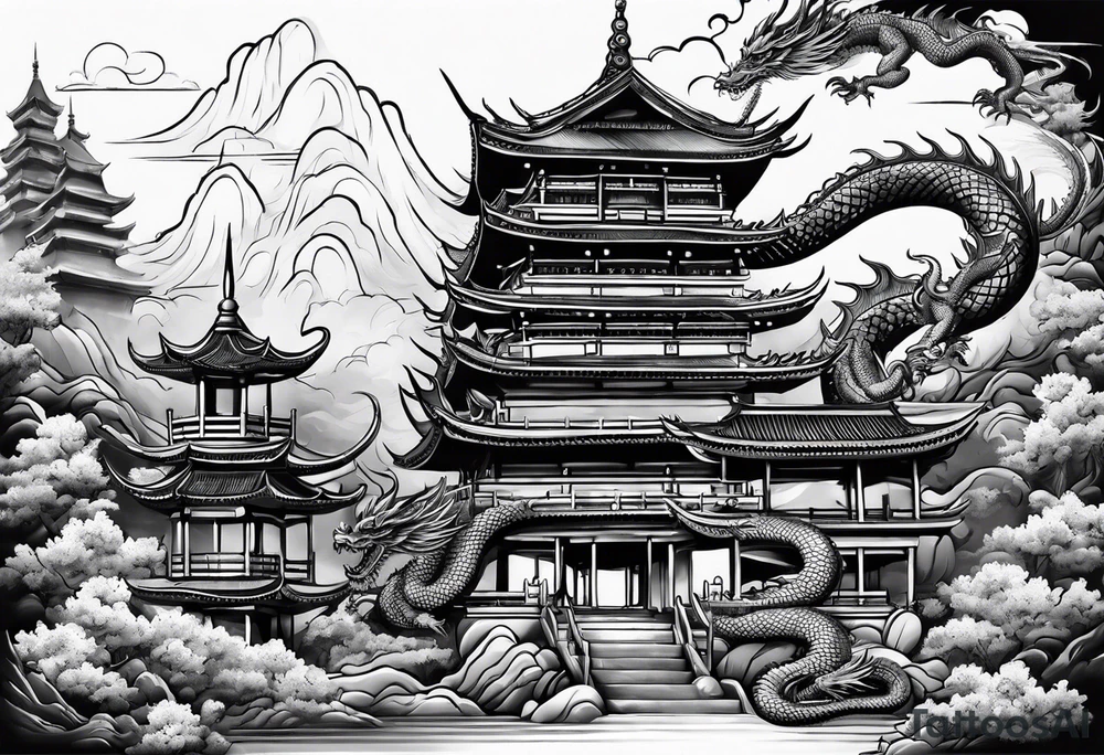 pagoda and dragon around it tattoo idea