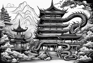 pagoda and dragon around it tattoo idea