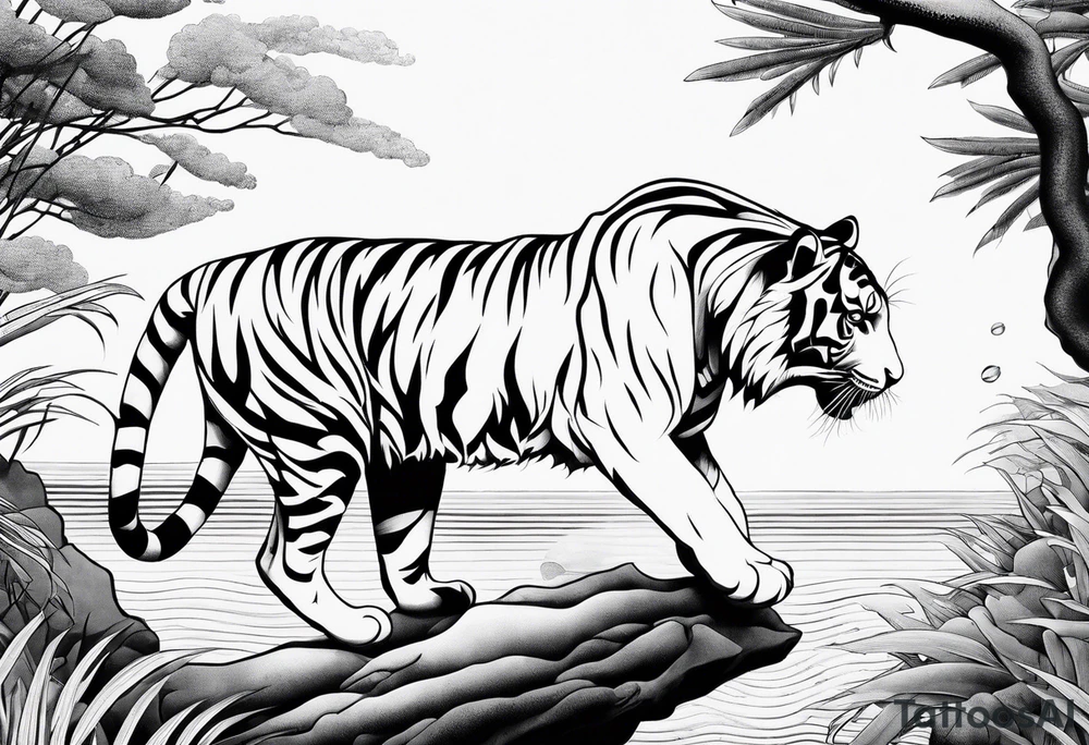 minimalist tiger climbing down near water tattoo idea