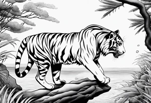 minimalist tiger climbing down near water tattoo idea