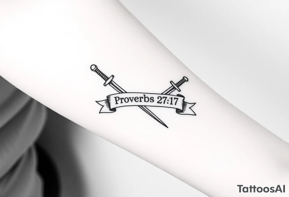 Two swords laying flat in a forearm tattoo sketch style, with a flowing banner that reads “Proverbs 27:17” Black ink, simple and bold. tattoo idea