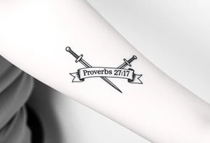 Two swords laying flat in a forearm tattoo sketch style, with a flowing banner that reads “Proverbs 27:17” Black ink, simple and bold. tattoo idea