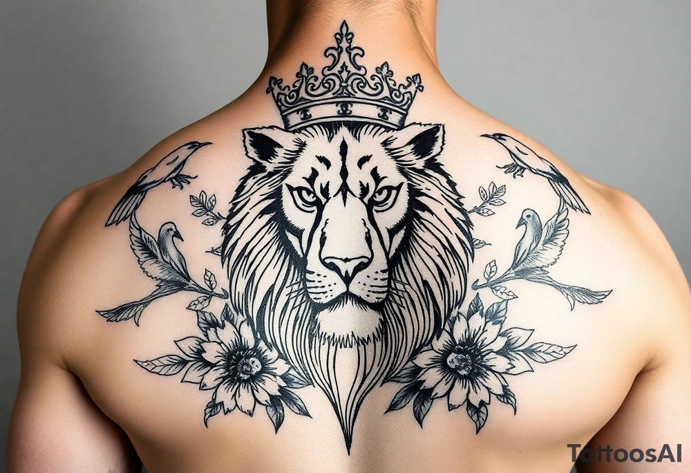powerful majestic lion with a crown, surrounded by floral ornaments and birds tattoo idea