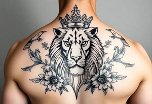 powerful majestic lion with a crown, surrounded by floral ornaments and birds tattoo idea