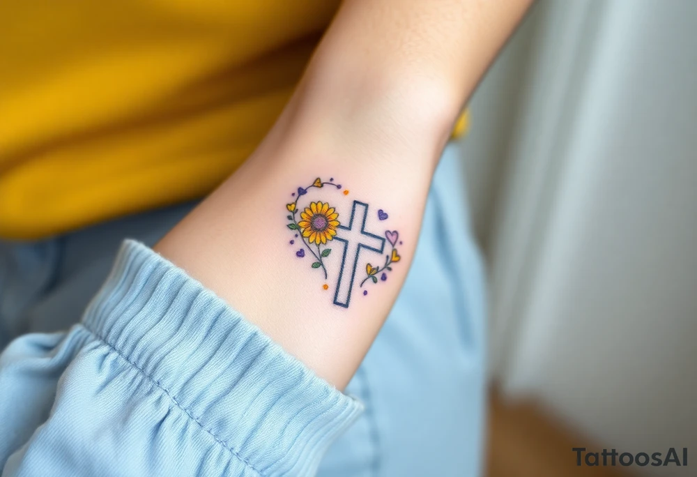 Yellow daisy Purple Hearts around a cross tattoo idea