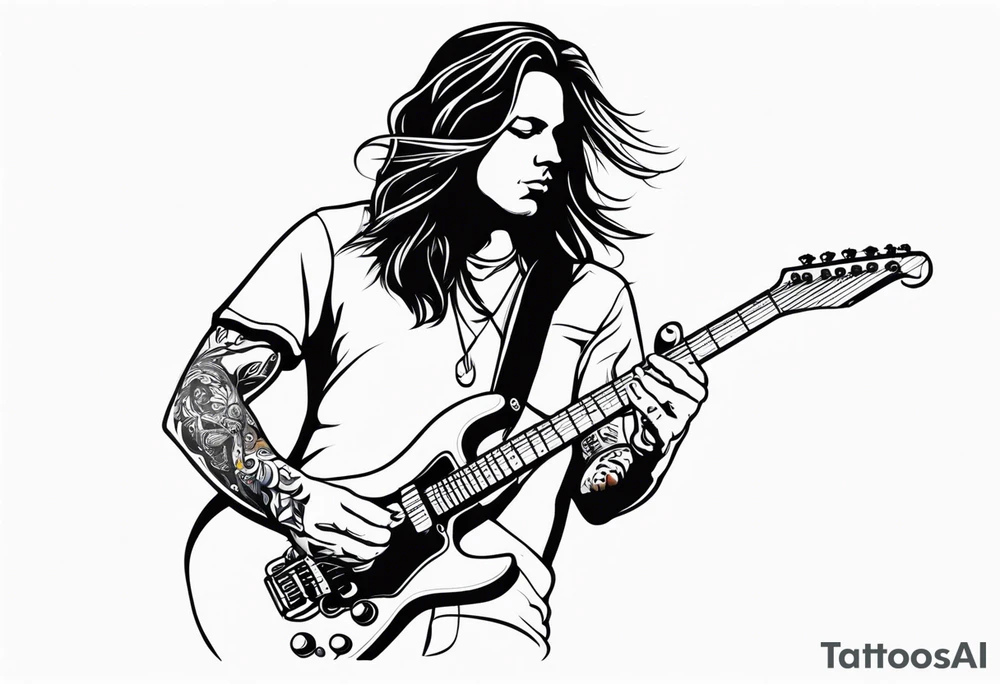 long hair rock star playing electric guitar tattoo idea