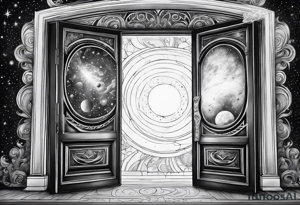An Door that opens to a whole Universe. only depict the Door and the universe inside it, nothing else tattoo idea