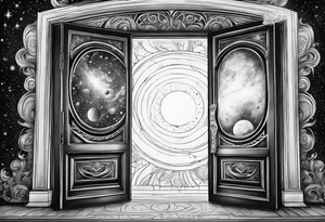 An Door that opens to a whole Universe. only depict the Door and the universe inside it, nothing else tattoo idea