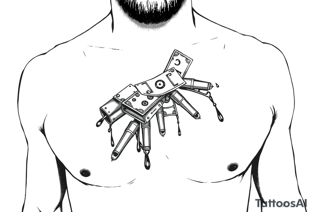 Gangster tattoo with money, bullets, and blood with room for text tattoo idea