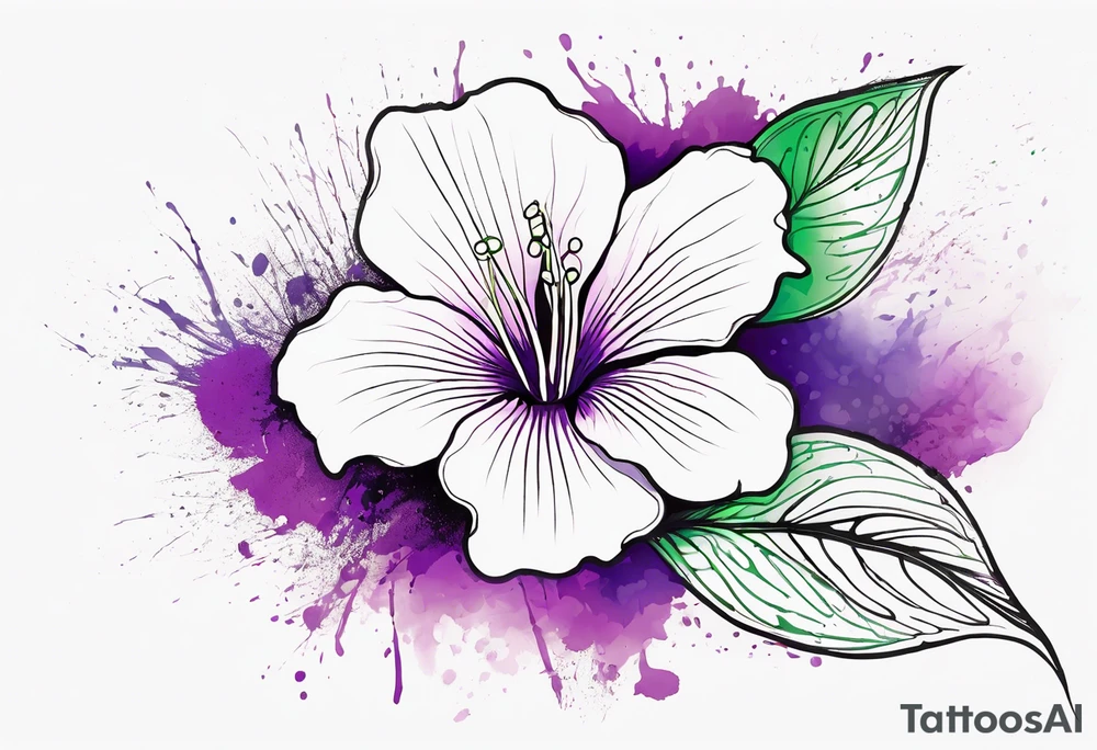 An outline of a rio dipladenia flower with a green and purple watercolor splash in the background tattoo idea