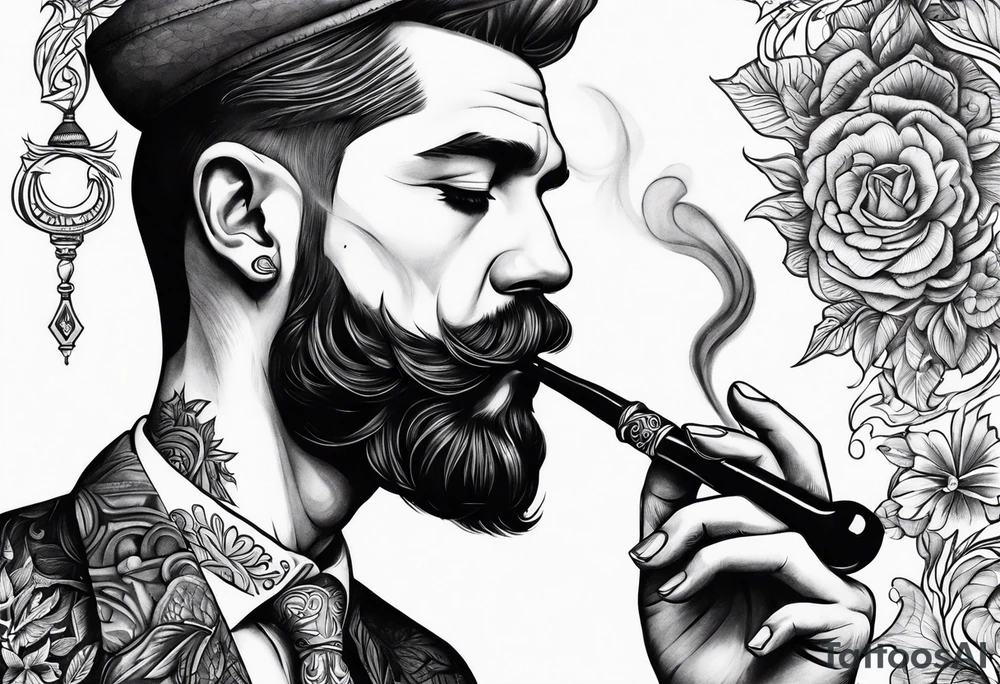 Neotraditional man smoking a pipe tattoo idea