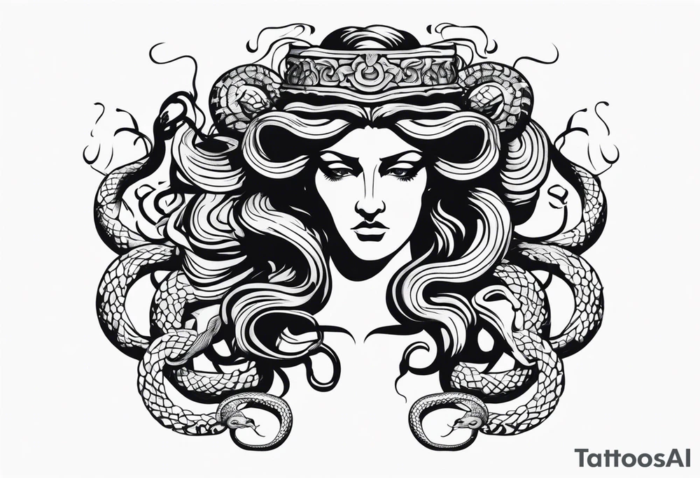 Suspicious and 
Scary Greek god medusa with snake hairs tattoo idea