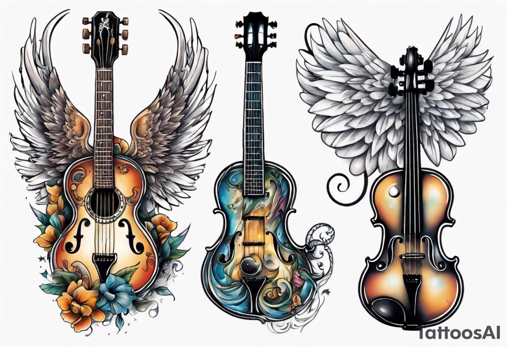 GUITAR LEANING AGAINST A VIOLIN WITH WINGS tattoo idea