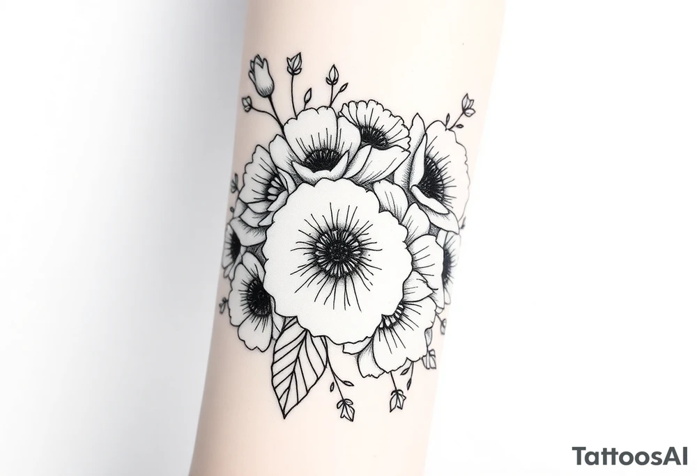 Bouquet of roses, carnations, marigolds and poppies tattoo idea