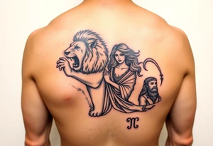 Roaring Leo lion holding virgo woman with robe and wavy hair, add Sagittarius female and Capricorn male below these tattoo idea