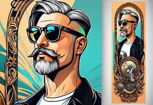 Attractive Male, oval face, 
Short mustache, tools, ray-bans, no hair on sides but pony-tail on top, biker tattoo idea