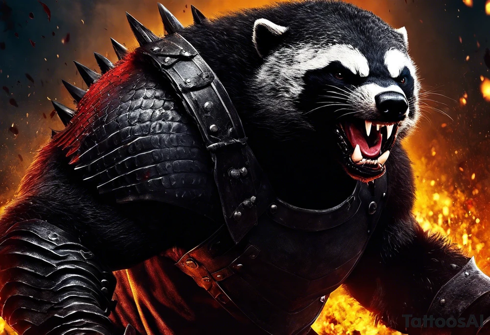 Draw me psychopath Fearless Honey Badger/Berserker with aggressive full body, killer face with a scary smile, very long nails and he attacks like a Bloody Assassin/Warrior/Gladiator to us and also, he has very deadly looking. He fights with his nails only. Everybody scares after their first sight. Give me horror type Badger Tattoo. I want to see his Realistic full body with no weapons. You can show destruction at the back. tattoo idea