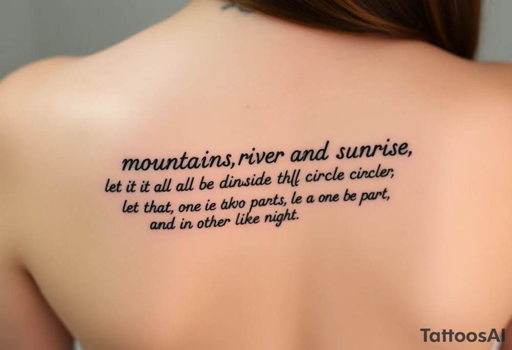 mountains. river and sunrise, let it all be inside one circle. draw a line and divide the circle into two parts, let one part be like day and the other part like night tattoo idea