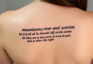 mountains. river and sunrise, let it all be inside one circle. draw a line and divide the circle into two parts, let one part be like day and the other part like night tattoo idea