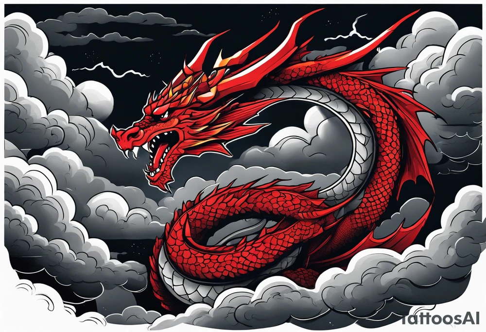 A red dragon emerging from the gray and black layered clouds in a sky where lightning flashes tattoo idea