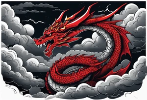 A red dragon emerging from the gray and black layered clouds in a sky where lightning flashes tattoo idea