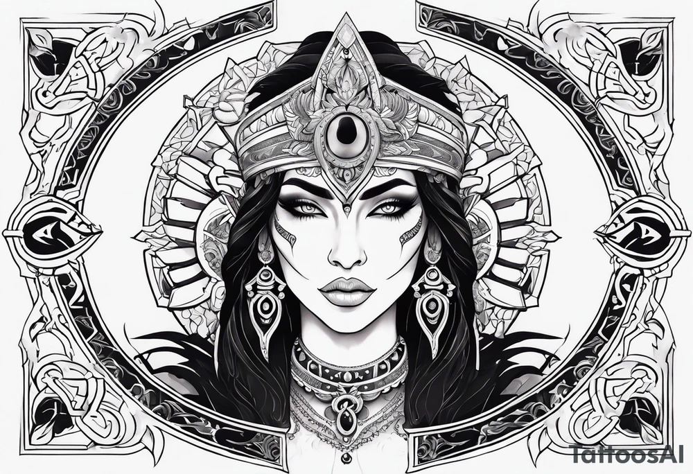 kali ma, alien goddess, valkrye, aries, pirate, divine feminine, zenza resonance, pachamama, lotus azul, blank panther, eagle, skull, 5D, nueva gaya, dna 12, left side chest tatoo tattoo idea