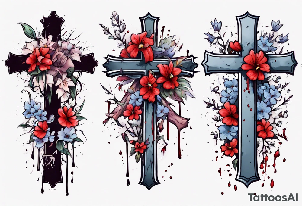 a bleeding cross covered in flowers tattoo idea