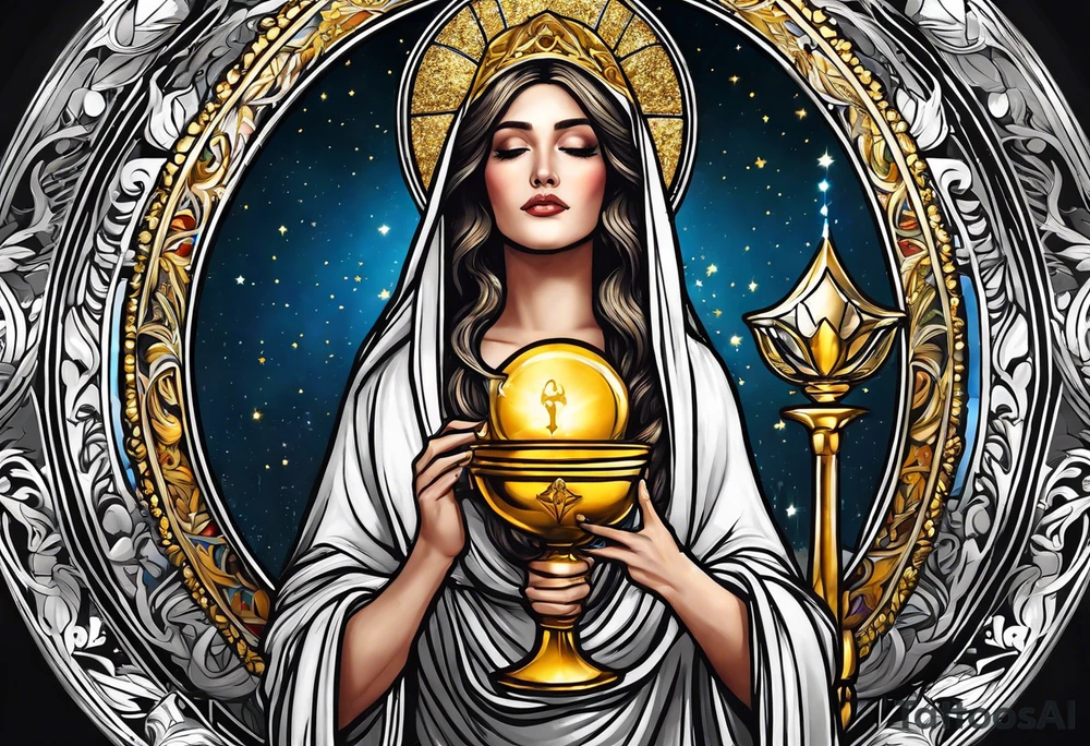 holy saint woman turned away with golden halo holding a chalice tattoo idea