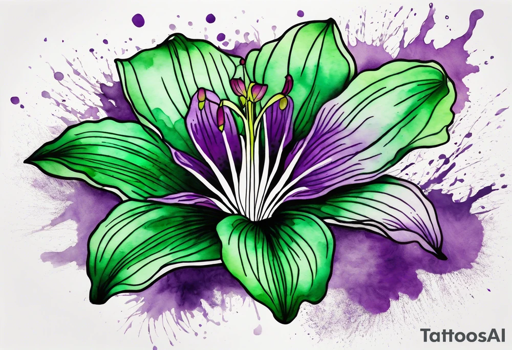 An outline of a green and purple rio dipladenia flower with a mystical green/purple watercolor splash in the background tattoo idea