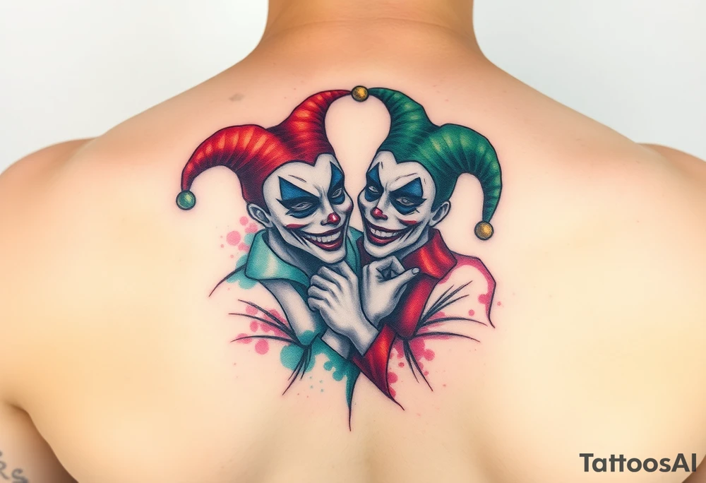 a toxic jester couple holding each other with cheeks being pulled to force smile tattoo idea