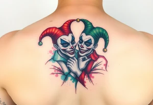 a toxic jester couple holding each other with cheeks being pulled to force smile tattoo idea