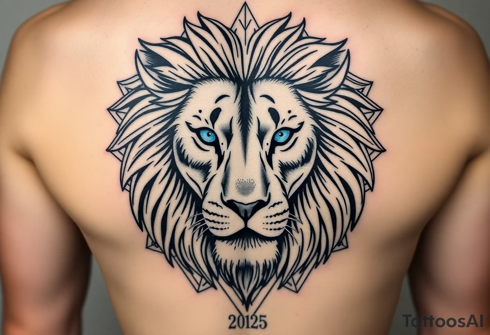 Lions face with big flowy mane in a more realism style. Placement is on the back of the leg. Blend elements of curiosity and exploration through nature elements (forest, water, etc). Also add in geometric patterns around the lion. Make the eyes blue. Hide the date 03.12.2025 in Roman numerals somewhere in the geometric patterns. Think real hard and creatively tattoo idea
