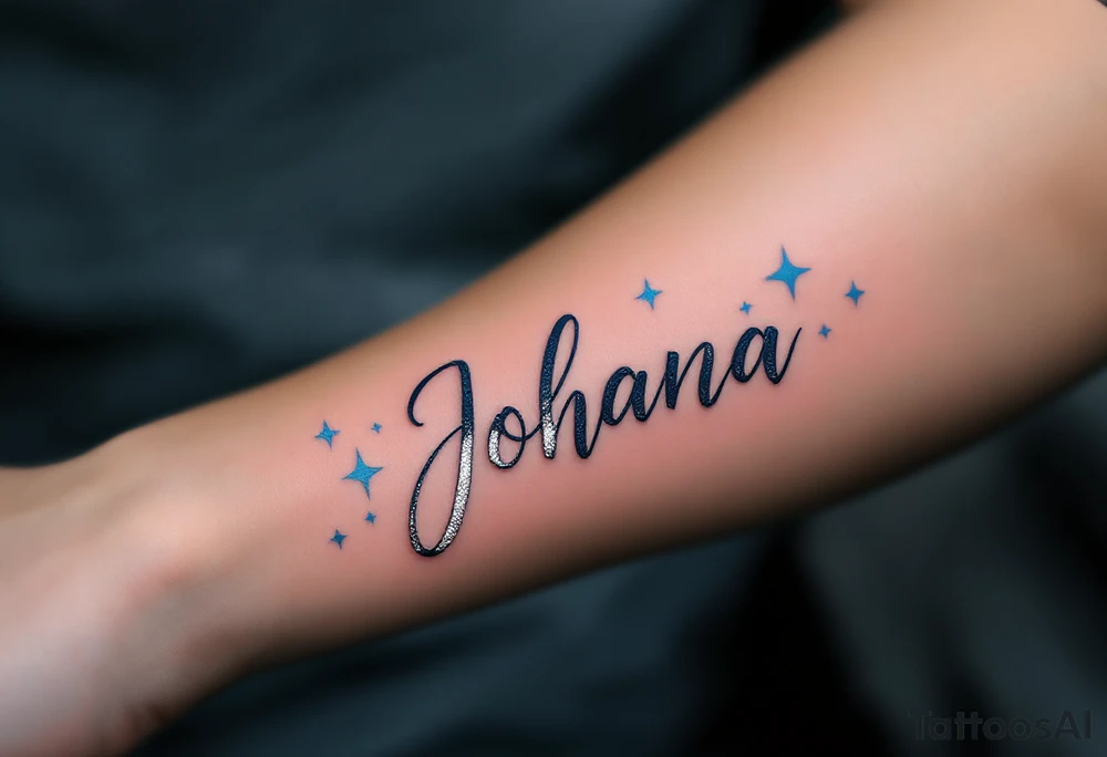 Johana scripted in a whimsical style, accented with whimsical stars in silver and light blue. tattoo idea