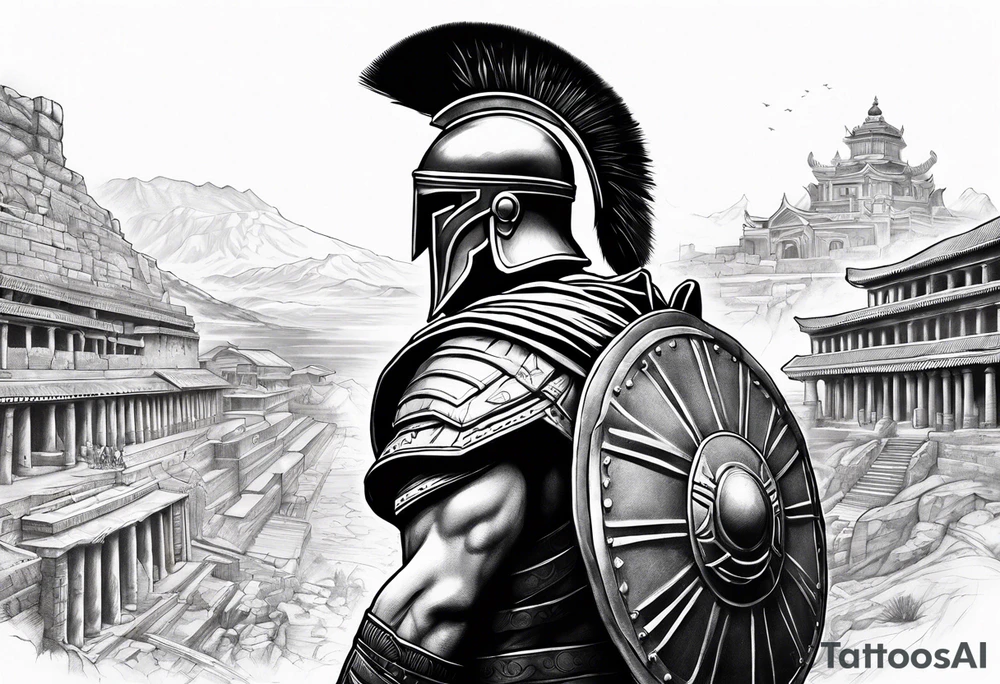 Side profile of spartan soilder looking at ancient city tattoo idea