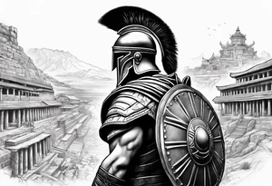 Side profile of spartan soilder looking at ancient city tattoo idea
