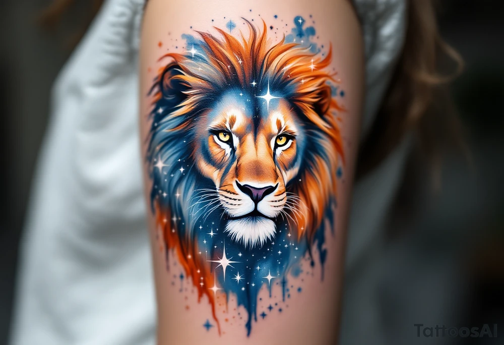 A fierce lion outlined in stardust white roams across a watercolor canvas of midnight blues and fiery oranges with Lion star constellation tattoo idea