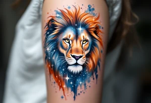 A fierce lion outlined in stardust white roams across a watercolor canvas of midnight blues and fiery oranges with Lion star constellation tattoo idea