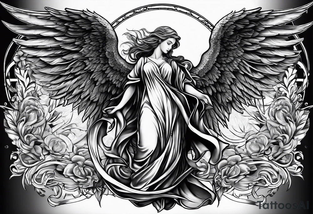 Right wing of an angel wrapping the nam written in gothic letters. tattoo idea