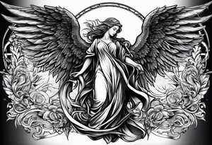 Right wing of an angel wrapping the nam written in gothic letters. tattoo idea