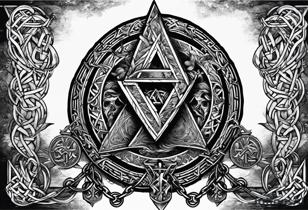 Valhalla sword shield  axe Valknut barbed wire chains tattoo idea