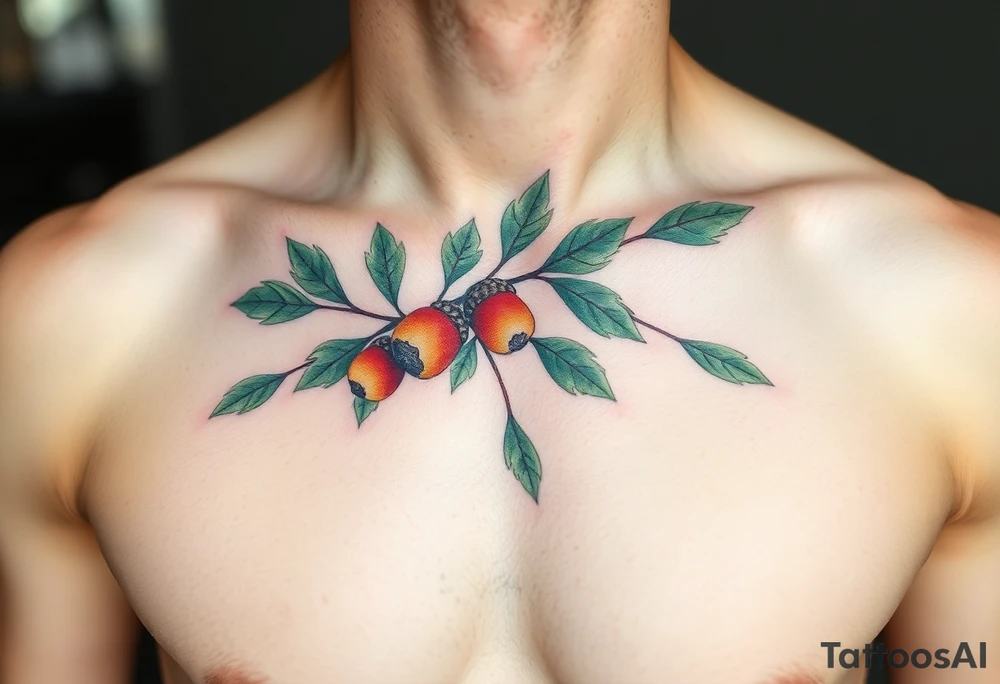 on the chest an oak branch with thick leaves and acorns oak branch with thick leaves and acorns tattoo idea