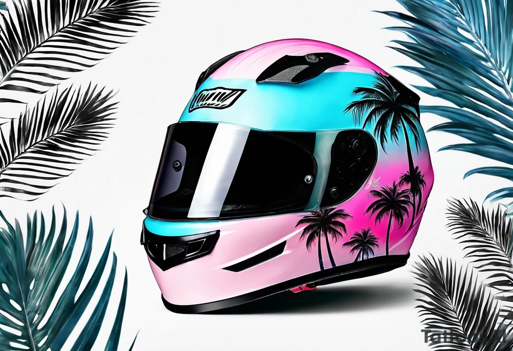 formula 1 helment with a palm tree and black light blue and pink colors tattoo idea