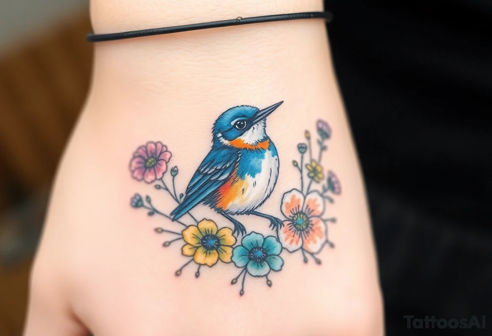 Angry bluebird surrounded by wild flowers tattoo idea