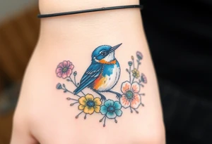 Angry bluebird surrounded by wild flowers tattoo idea