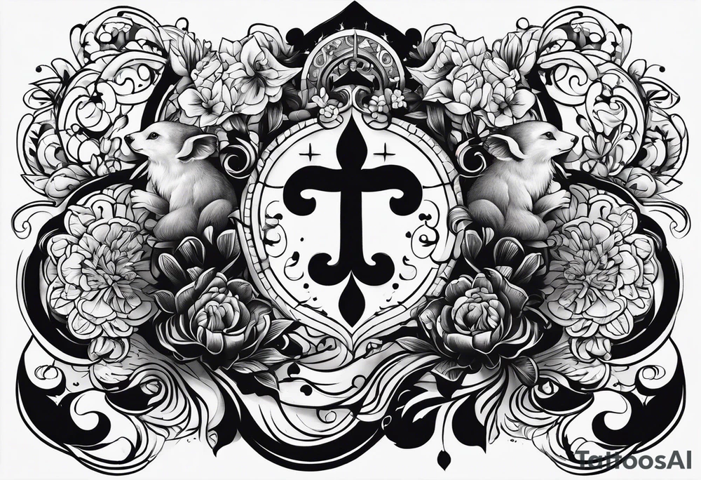 A tattoo that states pain and discipline to achieve your goals in life. it should be placed on the upper back and should express also catholic religion. love to animals tattoo idea
